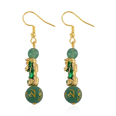 Feng Shui Green Aventurine Beaded Pixiu Earrings in Goldtone 25.00 ctw
