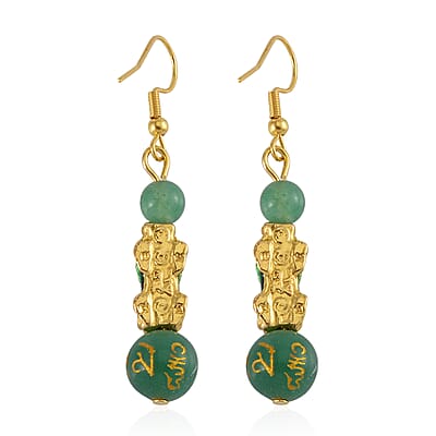 Feng Shui Green Aventurine Beaded Pixiu Earrings in Goldtone 25.00 ctw