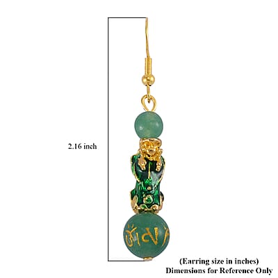 Feng Shui Green Aventurine Beaded Pixiu Earrings in Goldtone 25.00 ctw
