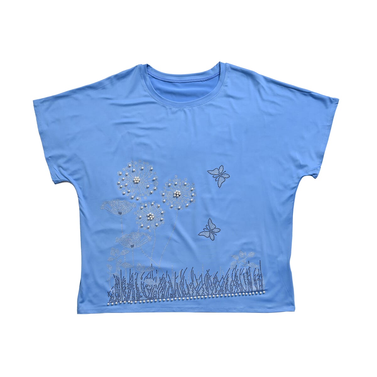 Blue Dandelion Crystal Bejeweled Bat Wing Short Sleeve Shirt - One Size Fits Most image number 0