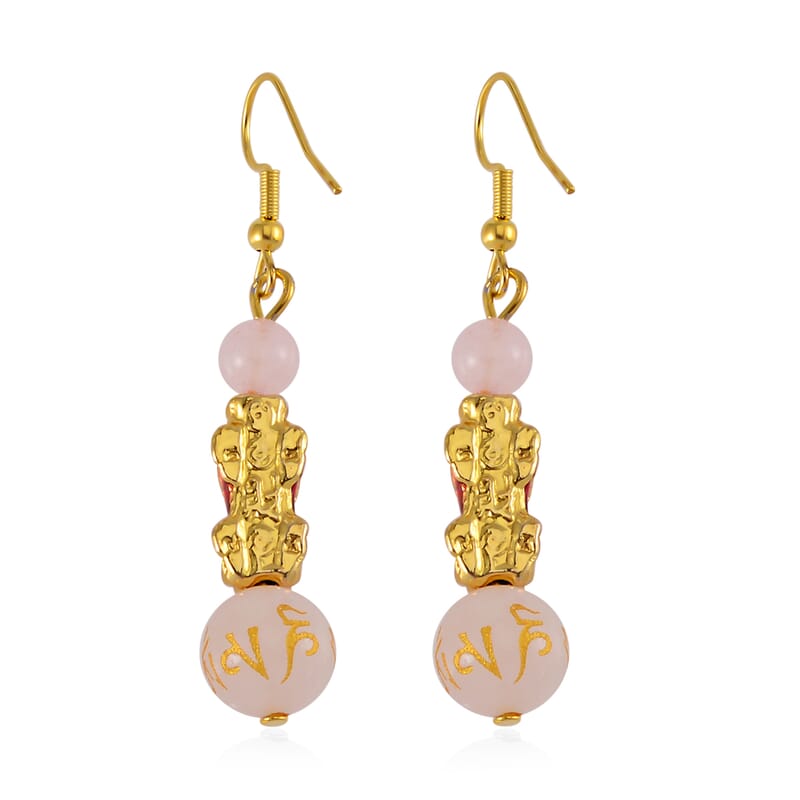 Feng Shui Galilea Rose Quartz Beaded Pixiu Earrings in Goldtone 25.00 ctw