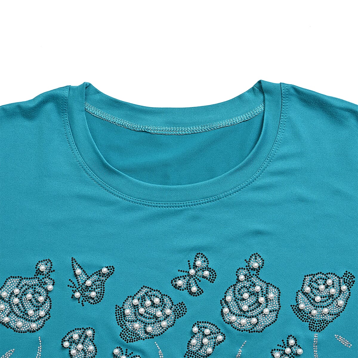 Teal Roses Crystal Bejeweled Bat Wing Short Sleeve Shirt - One Size Fits Most image number 1
