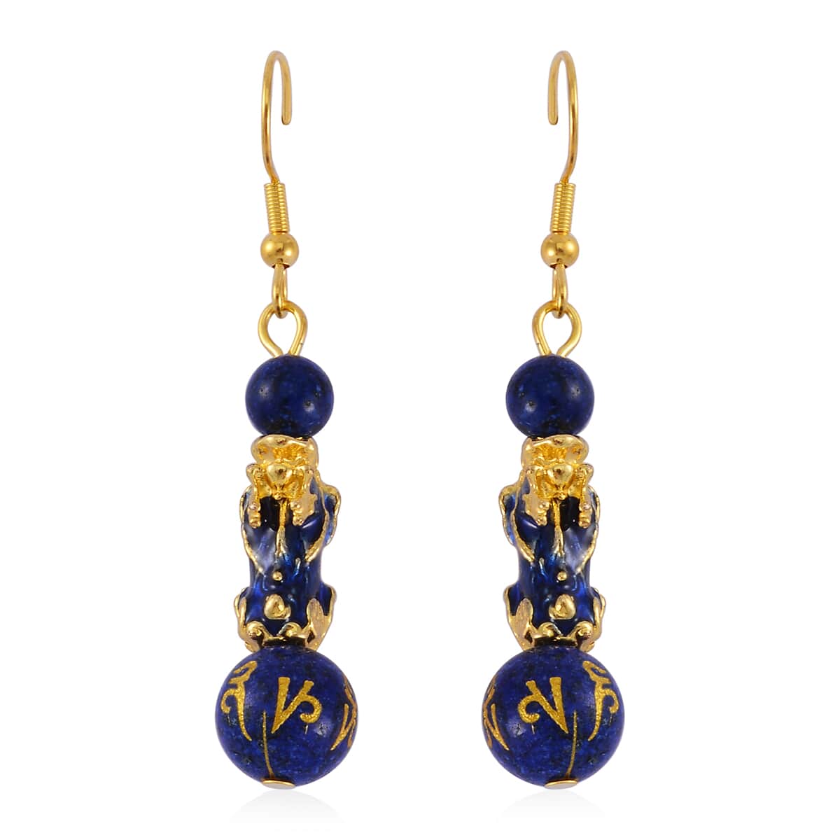 Feng Shui Lapis Lazuli Beaded Pixiu Earrings in Goldtone 25.00 ctw image number 0