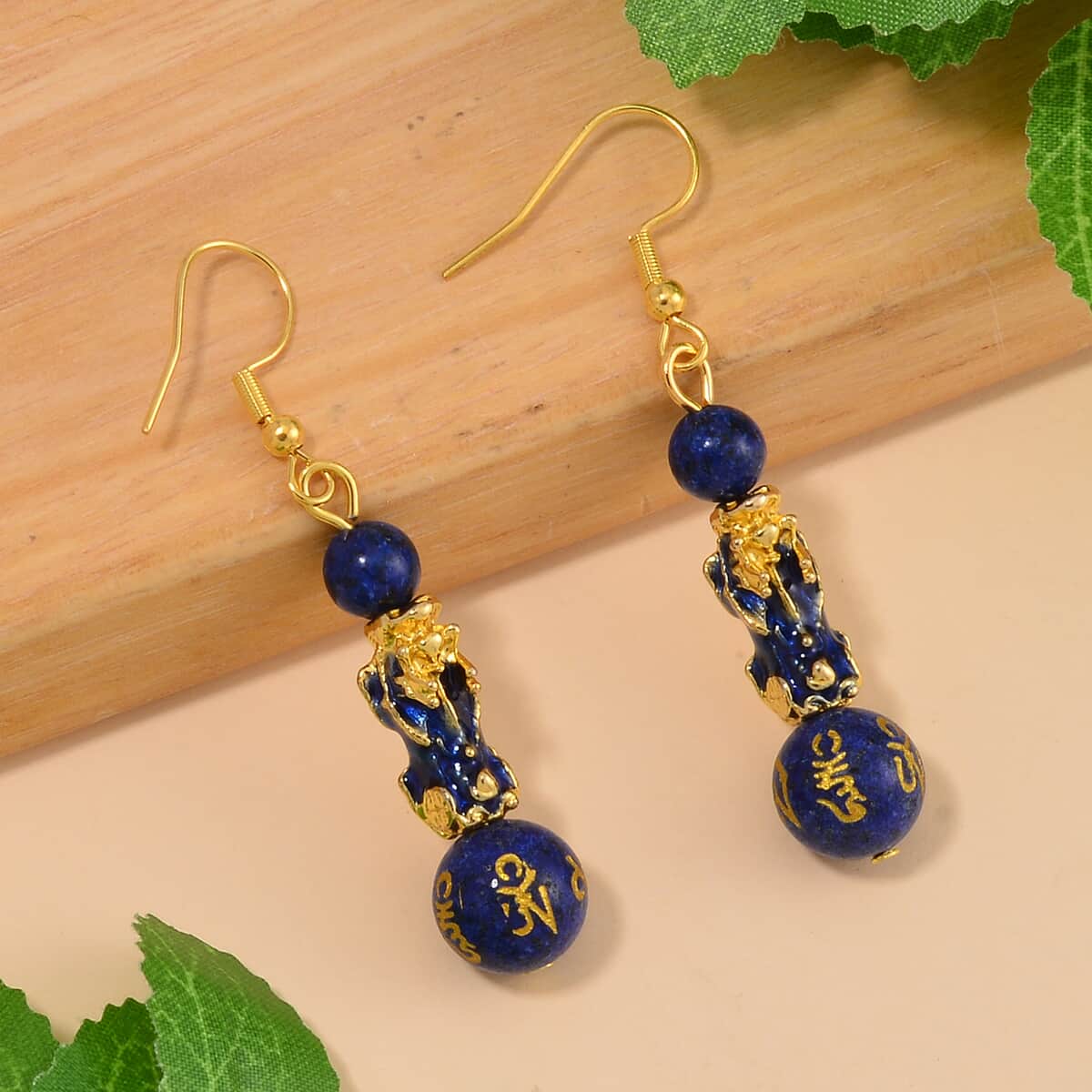 Feng Shui Lapis Lazuli Beaded Pixiu Earrings in Goldtone 25.00 ctw image number 1