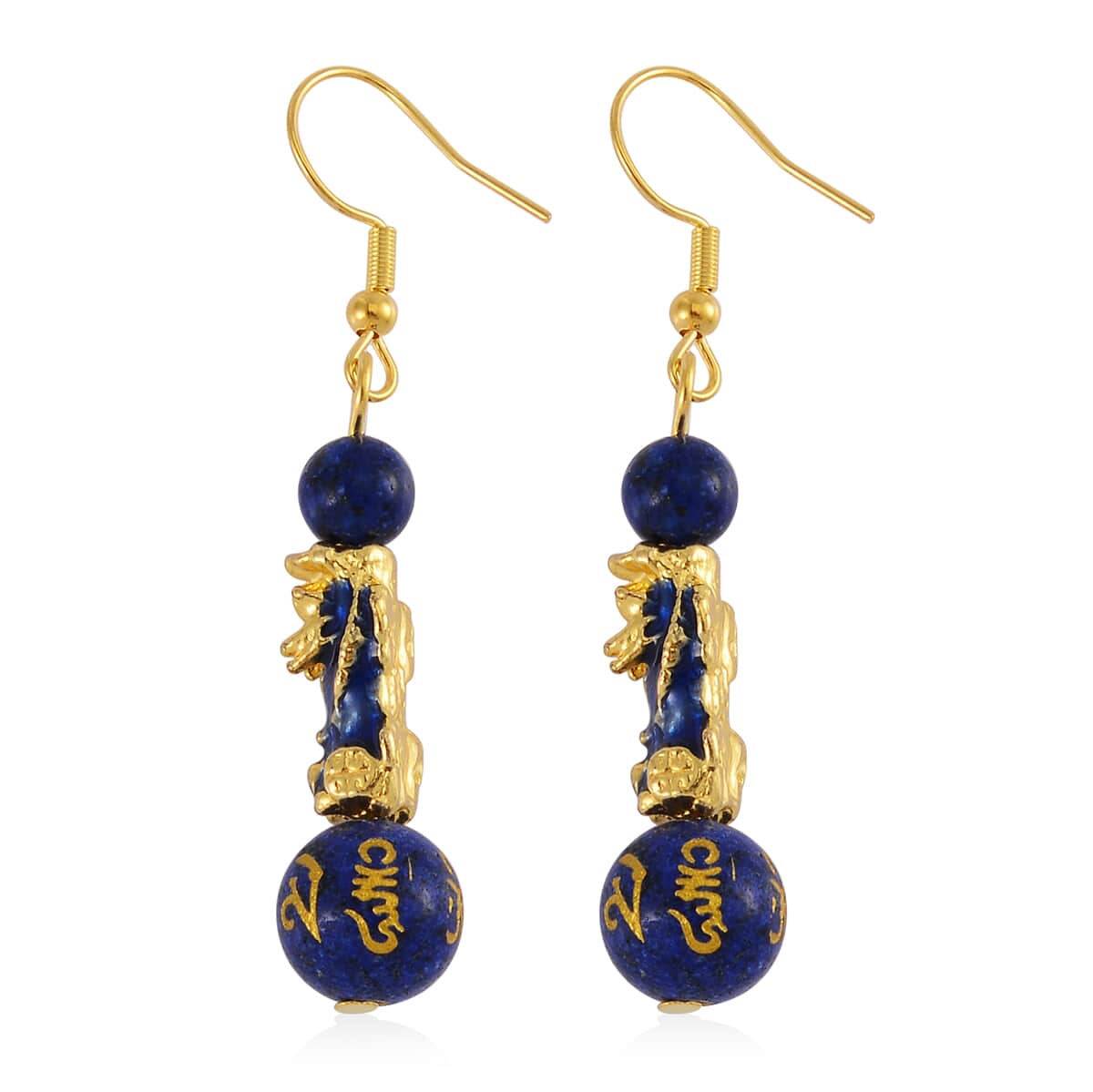 Feng Shui Lapis Lazuli Beaded Pixiu Earrings in Goldtone 25.00 ctw image number 3