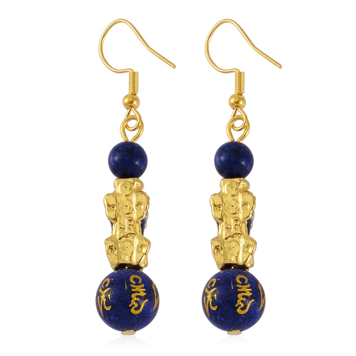 Feng Shui Lapis Lazuli Beaded Pixiu Earrings in Goldtone 25.00 ctw image number 4