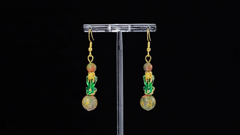 Feng Shui Unakite Beaded Pixiu Earrings in Goldtone 25.00 ctw