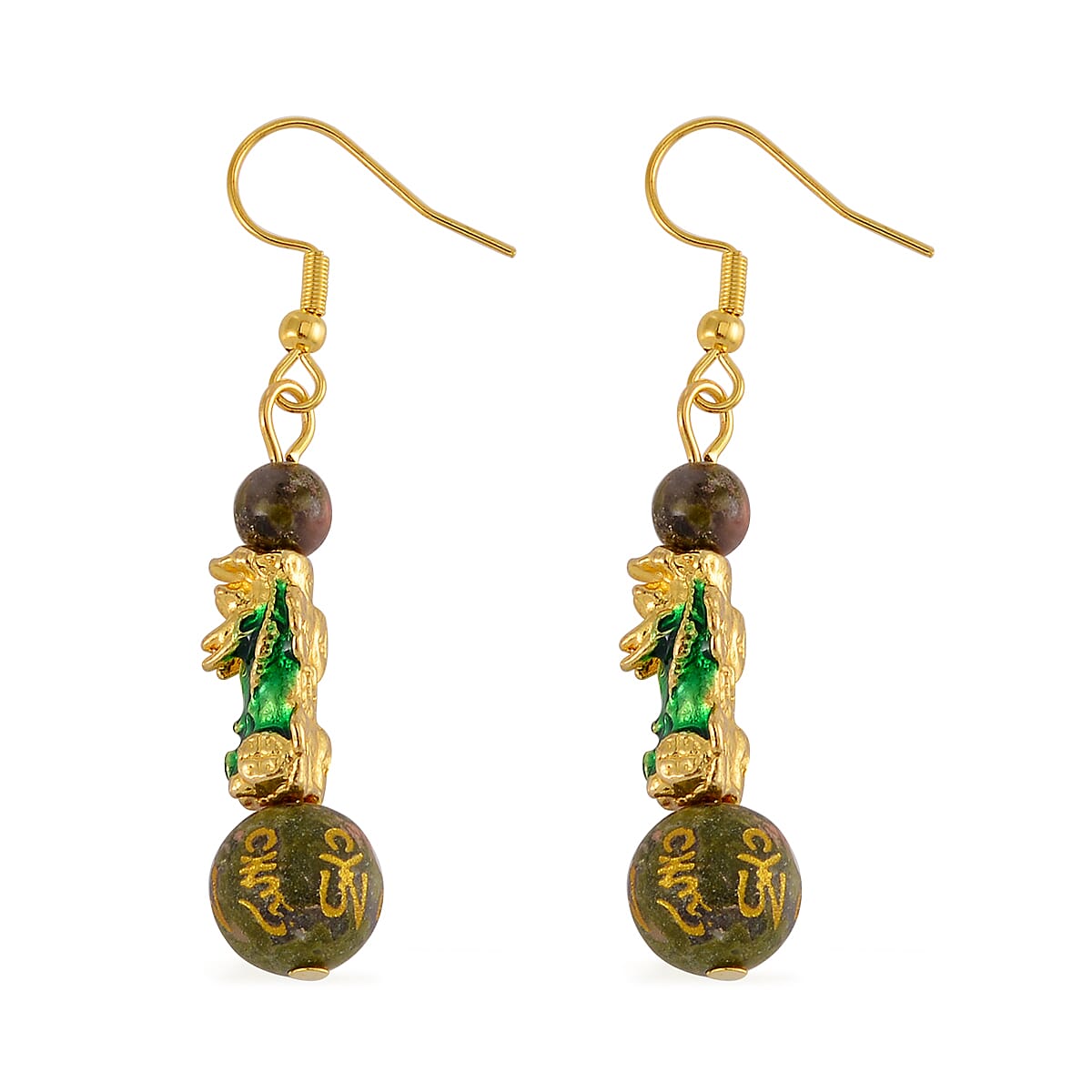 Feng Shui Unakite Beaded Pixiu Earrings in Goldtone 25.00 ctw