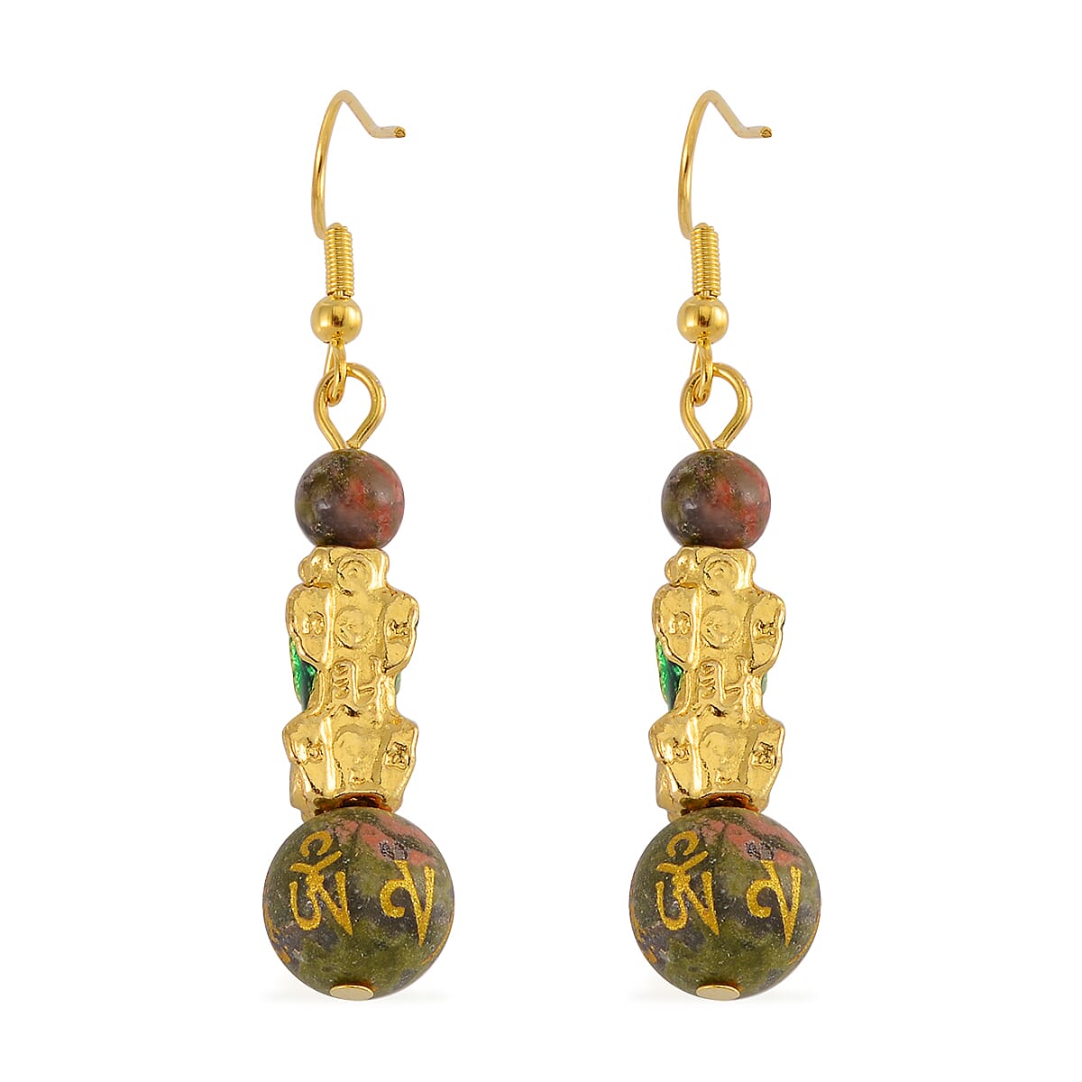 Feng Shui Unakite Beaded Pixiu Earrings in Goldtone 25.00 ctw