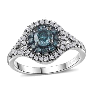 Venice Blue Diamond 12-I3 and White Diamond Double Halo Ring in Platinum Over Sterling Silver (Size 10.0) 1.00 ctw