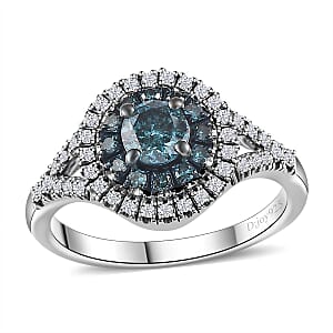 Venice Blue Diamond 12-I3 and White Diamond Double Halo Ring in Platinum Over Sterling Silver (Size 7.0) 1.00 ctw