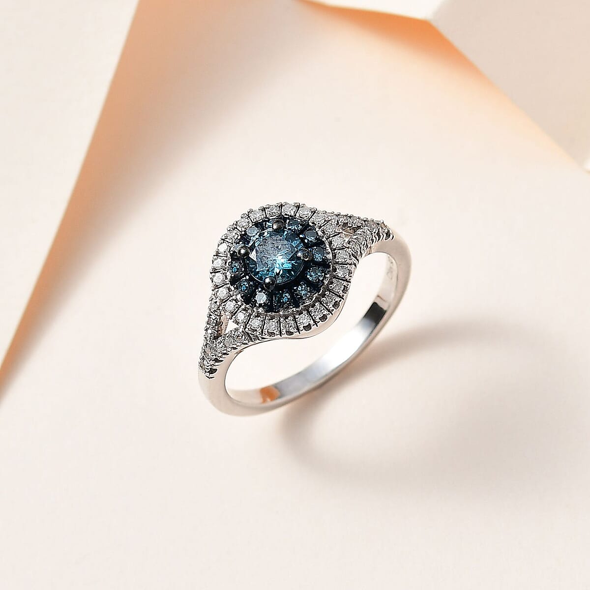 Venice Blue Diamond 12-I3 and White Diamond Double Halo Ring in Platinum Over Sterling Silver (Size 8.0) 1.00 ctw image number 1