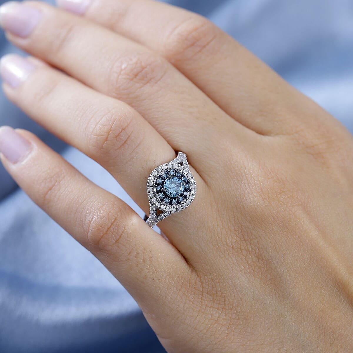 D'Joy Venice Blue Diamond 12-I3 and White Diamond Double Halo Ring in Platinum Over Sterling Silver (Size 9.0) 1.00 ctw image number 2