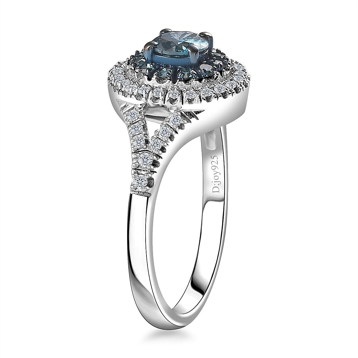 D'Joy Venice Blue Diamond 12-I3 and White Diamond Double Halo Ring in Platinum Over Sterling Silver (Size 9.0) 1.00 ctw image number 3