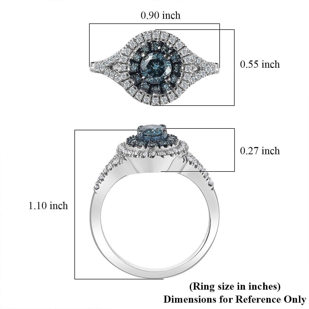D'Joy Venice Blue Diamond 12-I3 and White Diamond Double Halo Ring in Platinum Over Sterling Silver (Size 9.0) 1.00 ctw image number 5