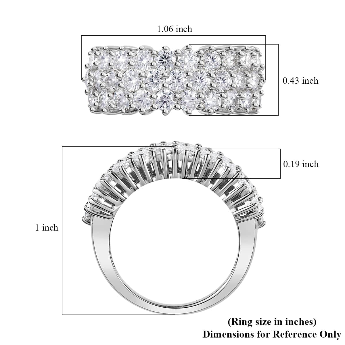 Moissanite Three Row Band Ring in Platinum Over Sterling Silver (Size 6.0) 3.25 ctw image number 6