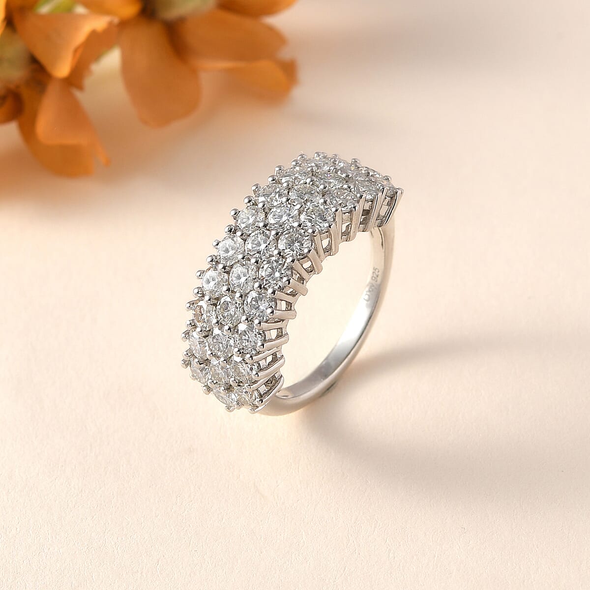 Moissanite Three Row Band Ring in Platinum Over Sterling Silver (Size 7.0) 3.25 ctw image number 1