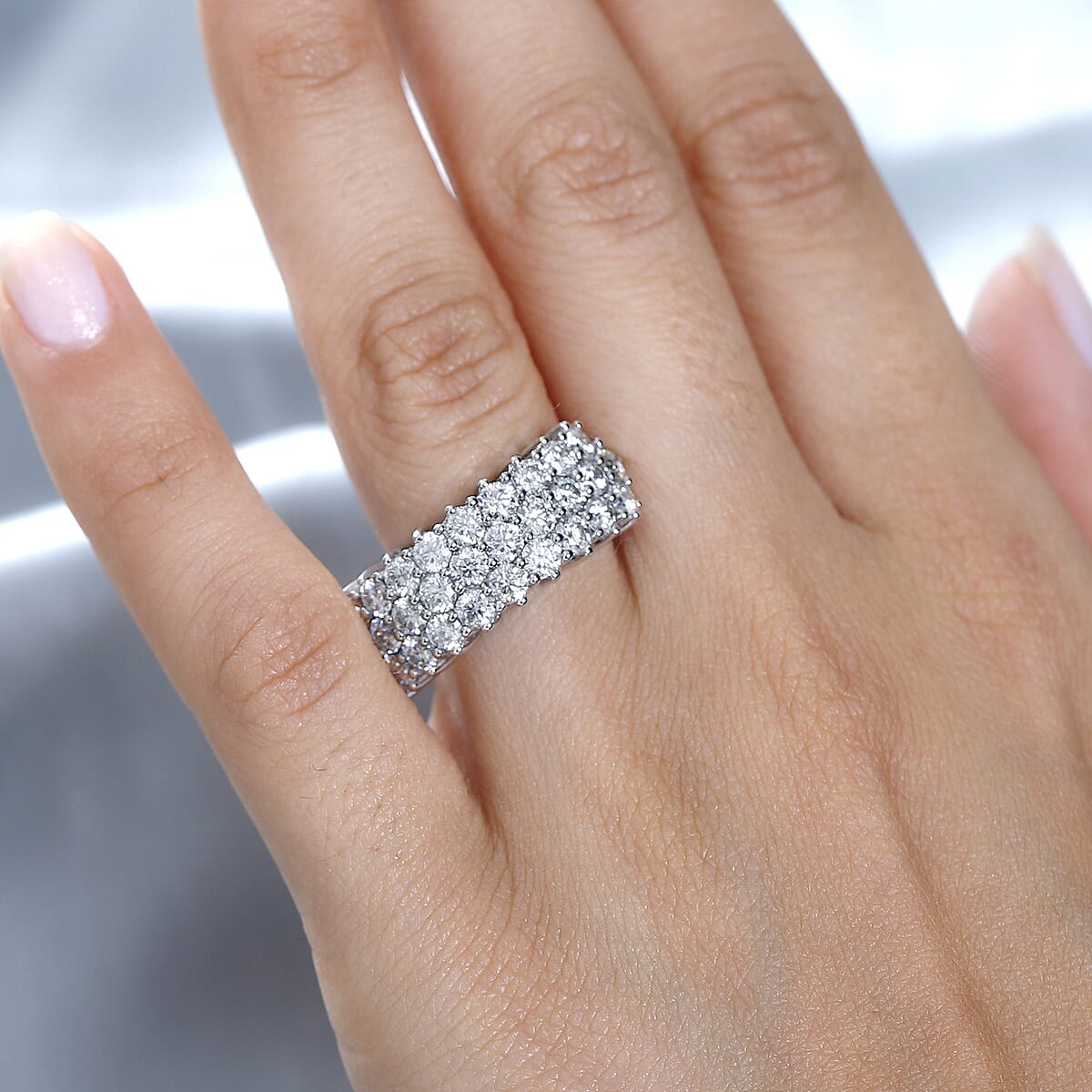 Moissanite Three Row Band Ring in Platinum Over Sterling Silver (Size 7.0) 3.25 ctw image number 3
