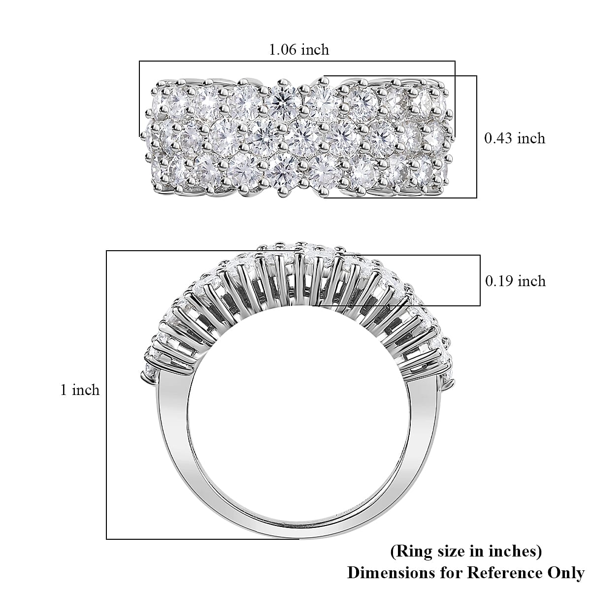 Moissanite Three Row Band Ring in Platinum Over Sterling Silver (Size 7.0) 3.25 ctw image number 6