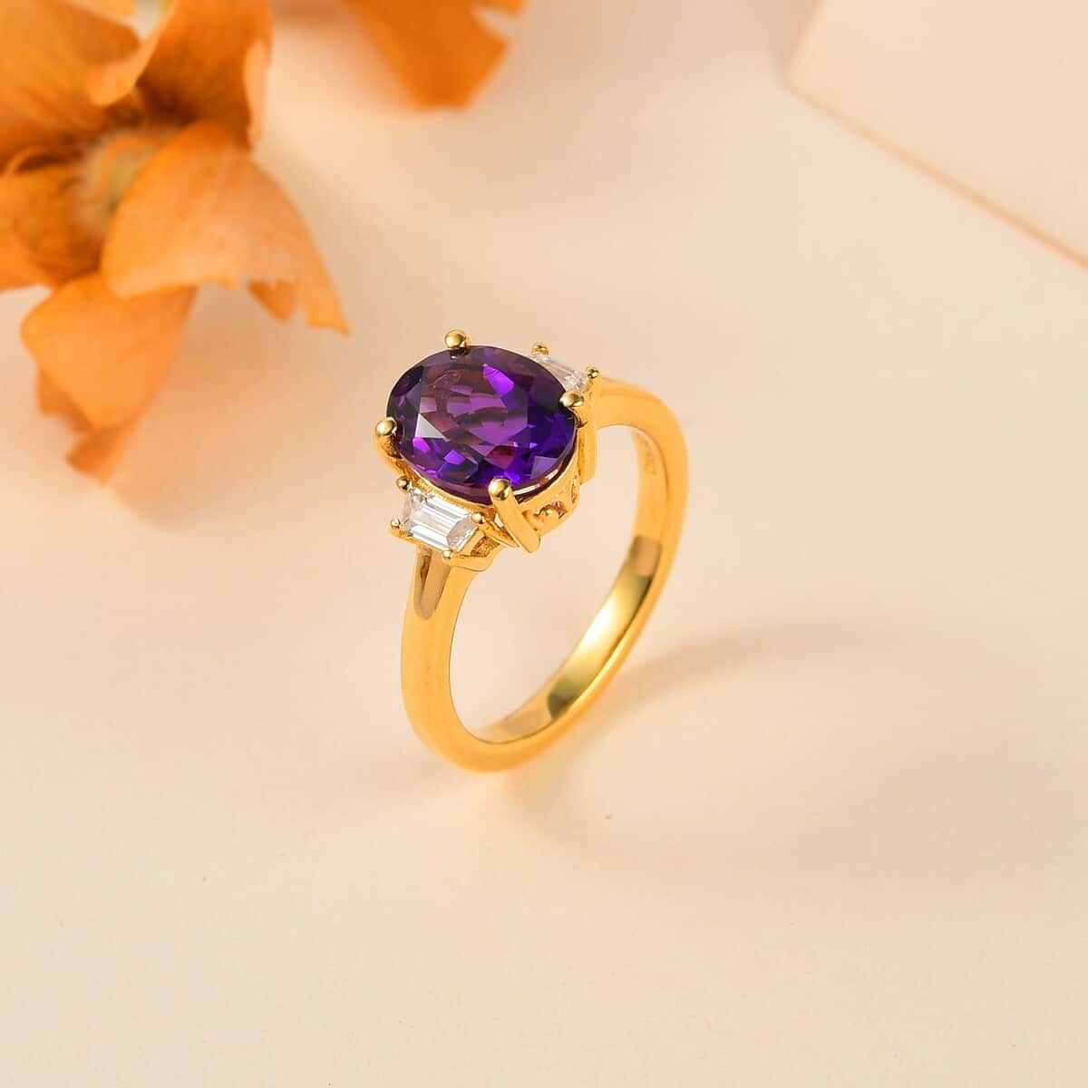 AAA Moroccan Amethyst and Moissanite 3 Stone Ring in Vermeil Yellow Gold Over Sterling Silver (Size 7.0) 2.00 ctw image number 1