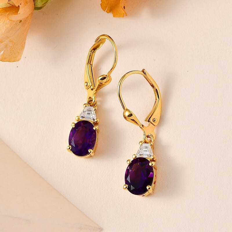 AAA Moroccan Amethyst and Moissanite Earrings in Vermeil Yellow Gold Over Sterling Silver 2.75 ctw