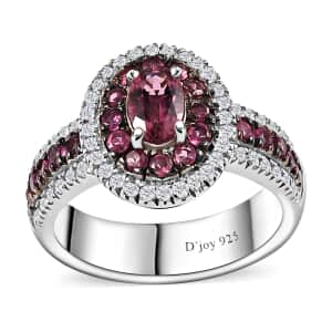 Ouro Fino Rubellite and Moissanite Double Halo Ring in Platinum Over Sterling Silver (Size 10.0) 1.35 ctw