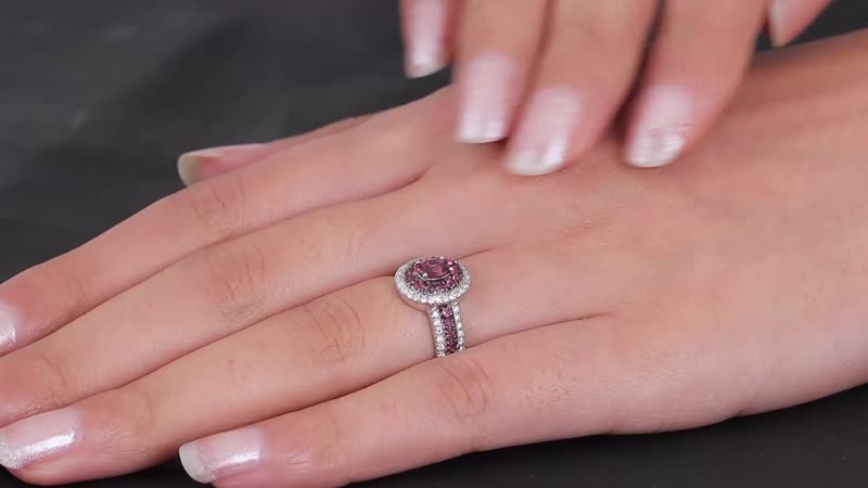 Ouro Fino Rubellite and Moissanite Double Halo Ring in Platinum Over Sterling Silver (Size 10.0) 1.35 ctw