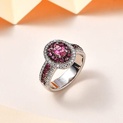 Ouro Fino Rubellite and Moissanite Double Halo Ring in Platinum Over Sterling Silver (Size 10.0) 1.35 ctw