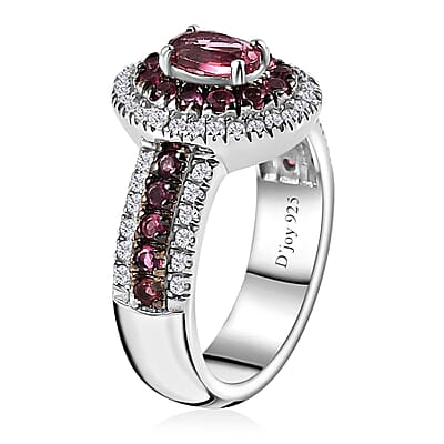 Ouro Fino Rubellite and Moissanite Double Halo Ring in Platinum Over Sterling Silver (Size 10.0) 1.35 ctw