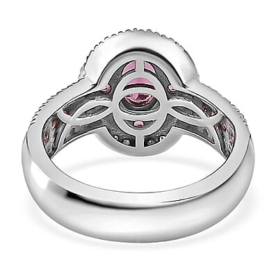 Ouro Fino Rubellite and Moissanite Double Halo Ring in Platinum Over Sterling Silver (Size 10.0) 1.35 ctw