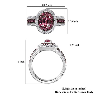 Ouro Fino Rubellite and Moissanite Double Halo Ring in Platinum Over Sterling Silver (Size 10.0) 1.35 ctw