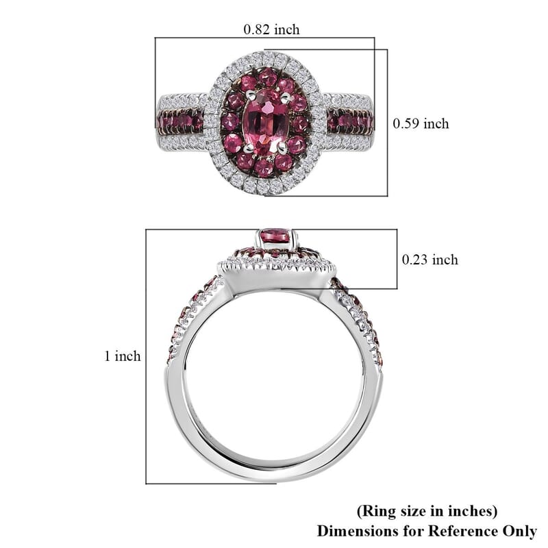 Ouro Fino Rubellite and Moissanite Double Halo Ring in Platinum Over Sterling Silver (Size 10.0) 1.35 ctw