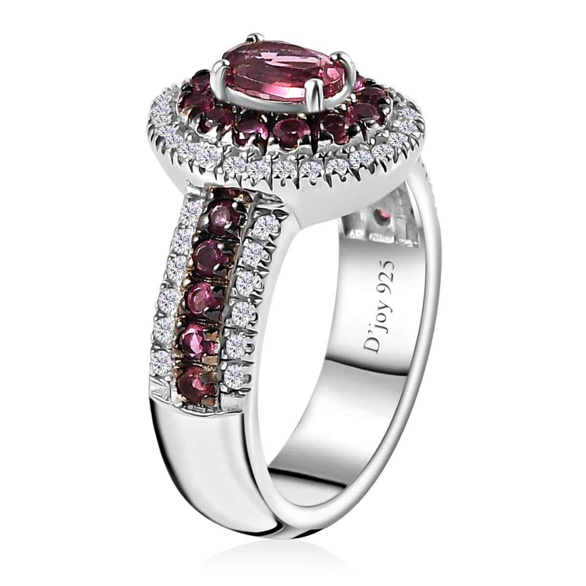 Ouro Fino Rubellite and Moissanite Double Halo Ring in Platinum Over Sterling Silver (Size 6.0) 1.35 ctw image number 3