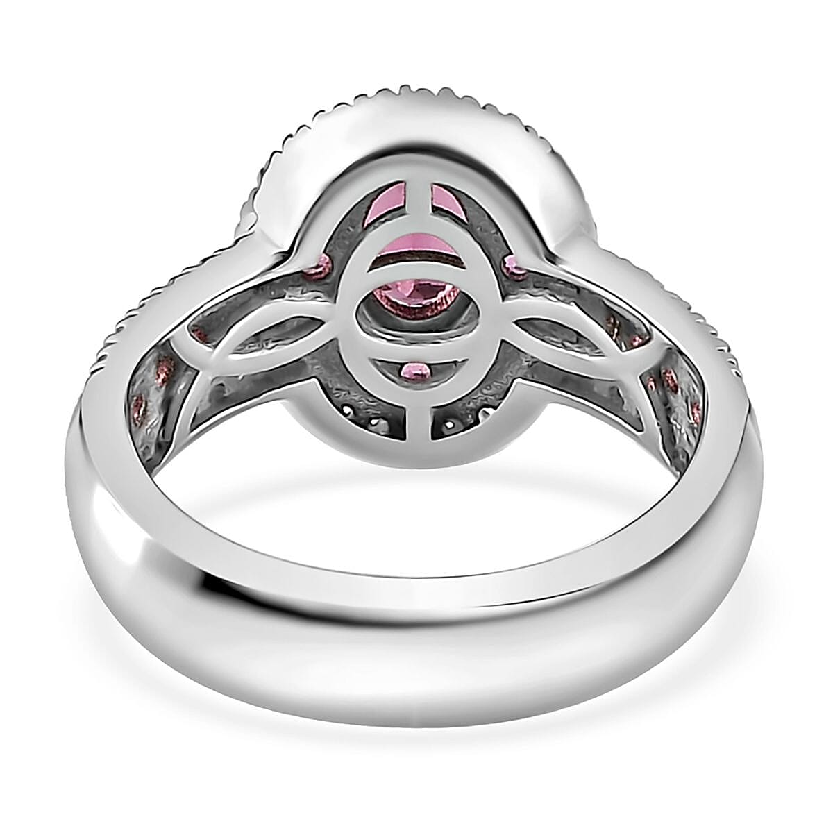 Ouro Fino Rubellite and Moissanite Double Halo Ring in Platinum Over Sterling Silver (Size 7.0) 1.35 ctw