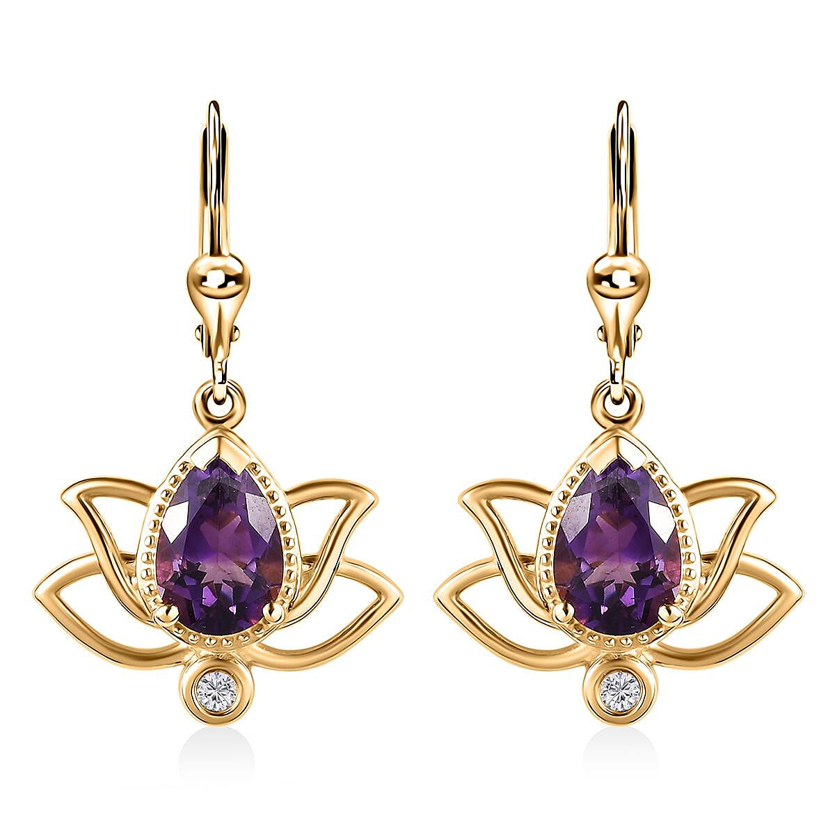 Moroccan Amethyst and Moissanite Lever Back Lotus Earrings in Vermeil Yellow Gold Over Sterling Silver 2.50 ctw