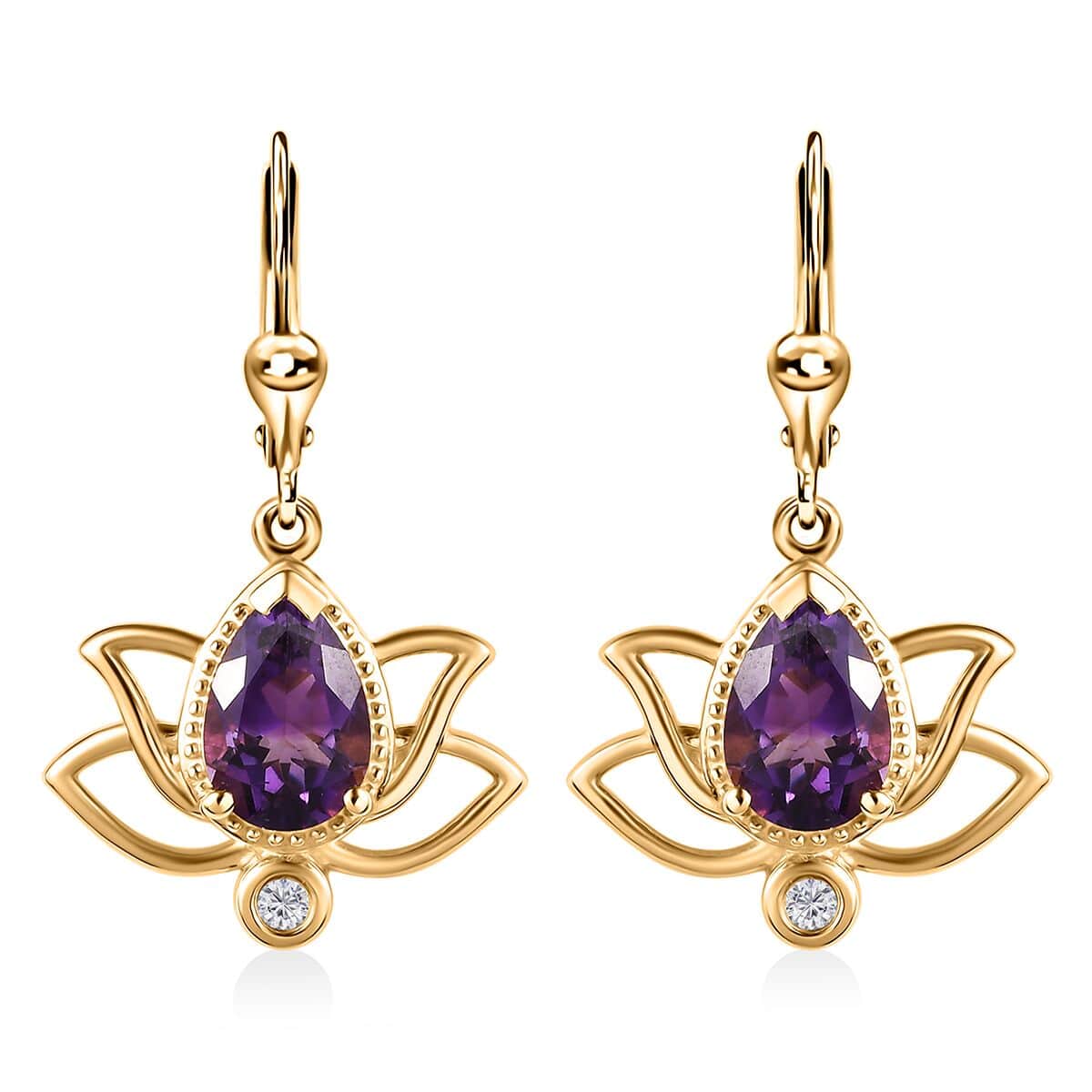 Moroccan Amethyst and Moissanite Lever Back Lotus Earrings in Vermeil Yellow Gold Over Sterling Silver 2.50 ctw image number 0