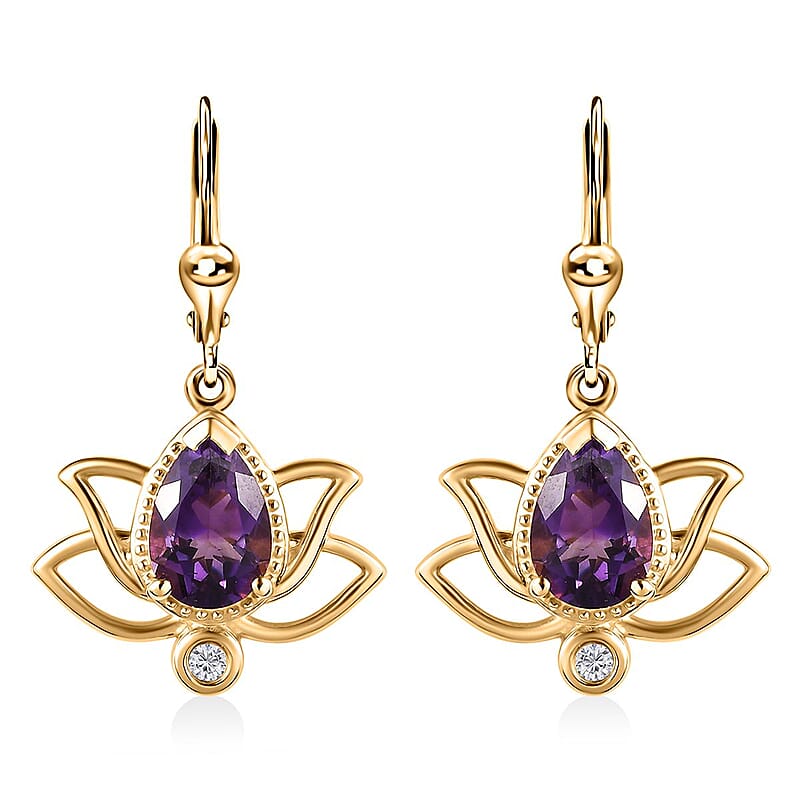 Moroccan Amethyst and Moissanite Lever Back Lotus Earrings in Vermeil Yellow Gold Over Sterling Silver 2.50 ctw