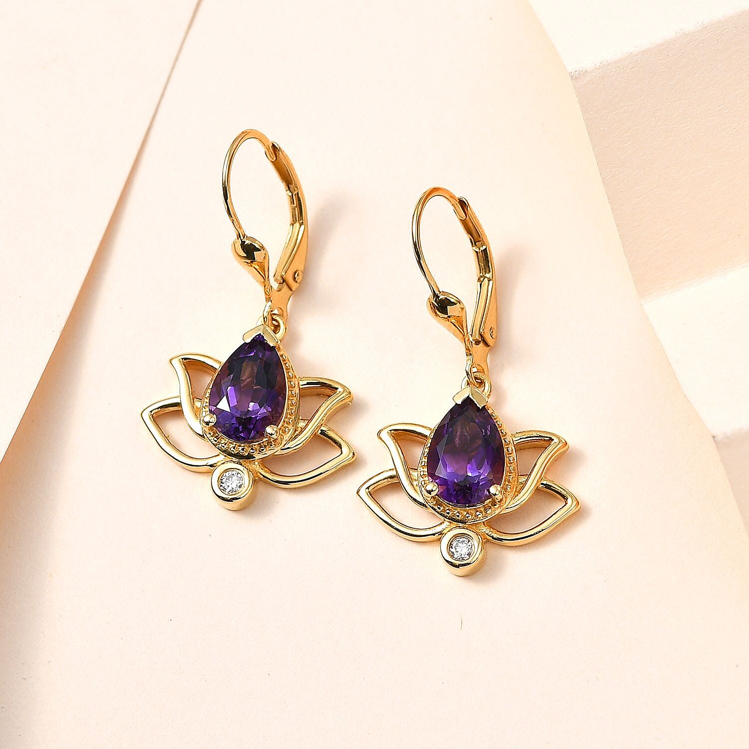 Moroccan Amethyst and Moissanite Lever Back Lotus Earrings in Vermeil Yellow Gold Over Sterling Silver 2.50 ctw