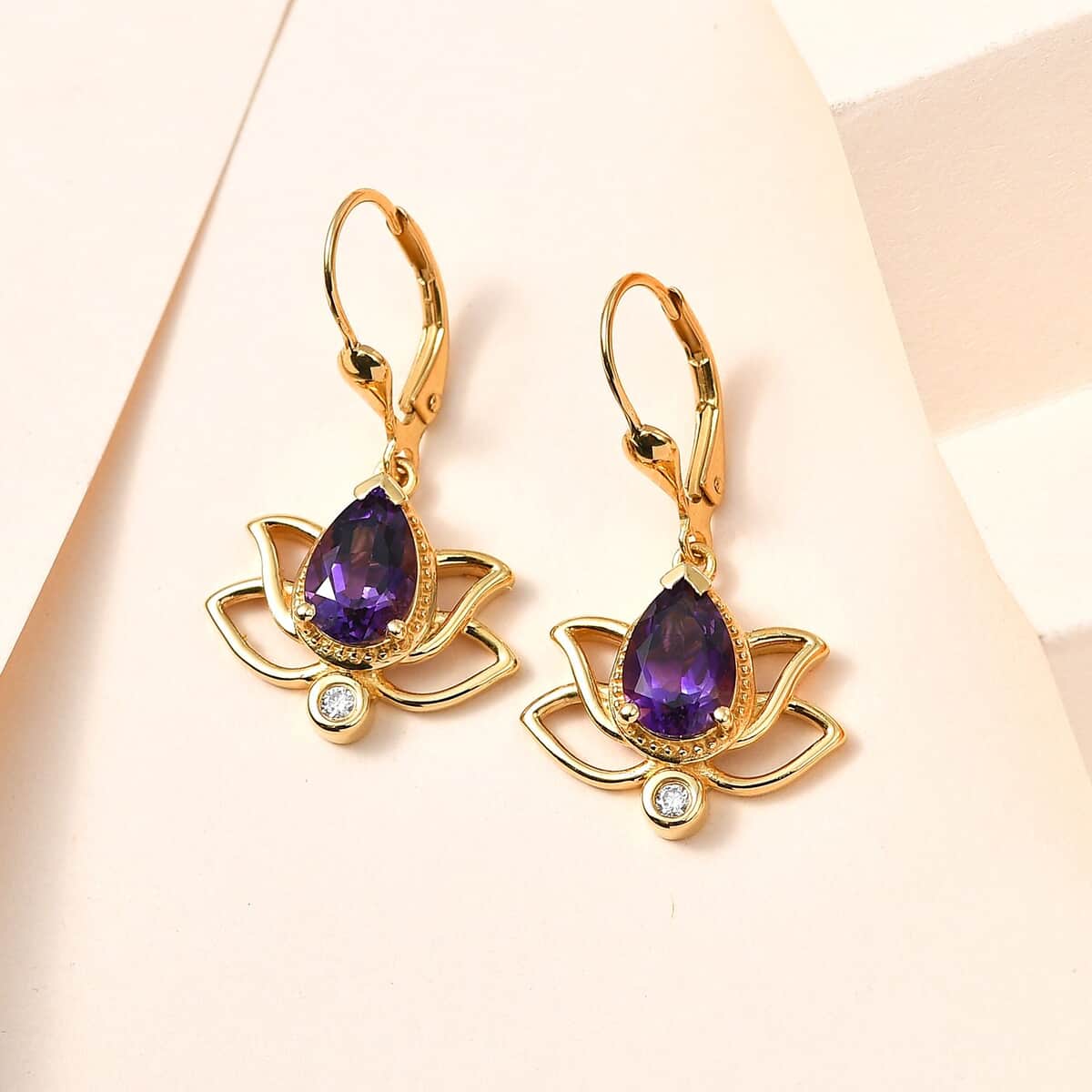 Moroccan Amethyst and Moissanite Lever Back Lotus Earrings in Vermeil Yellow Gold Over Sterling Silver 2.50 ctw image number 1