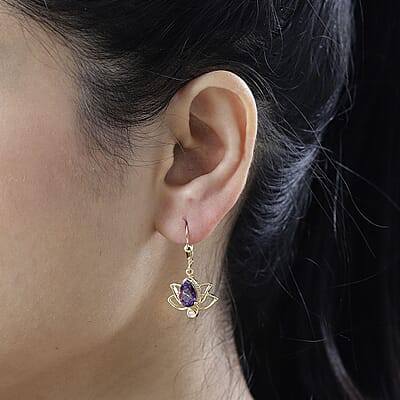 Moroccan Amethyst and Moissanite Lever Back Lotus Earrings in Vermeil Yellow Gold Over Sterling Silver 2.50 ctw