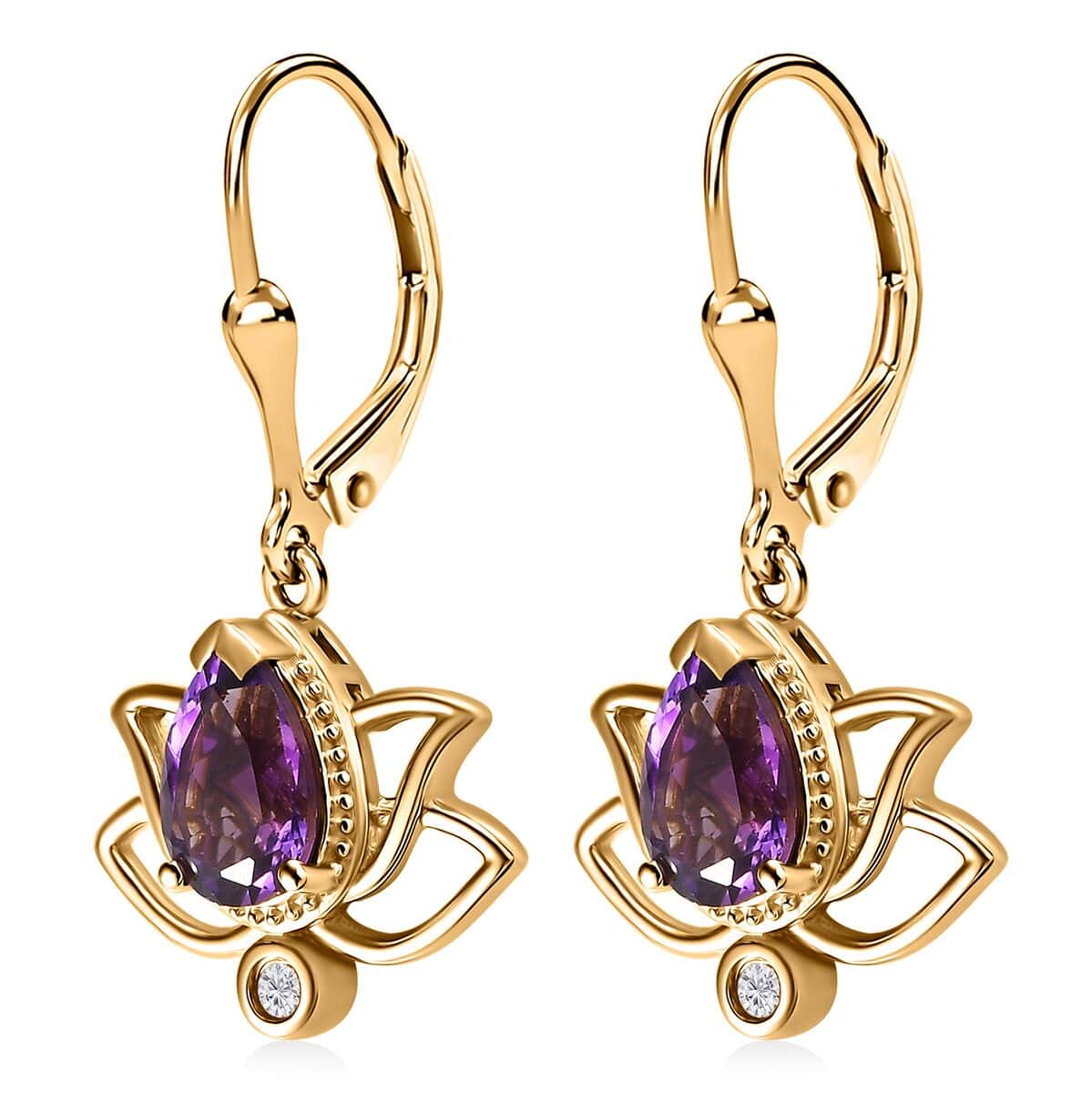 Moroccan Amethyst and Moissanite Lever Back Lotus Earrings in Vermeil Yellow Gold Over Sterling Silver 2.50 ctw image number 3