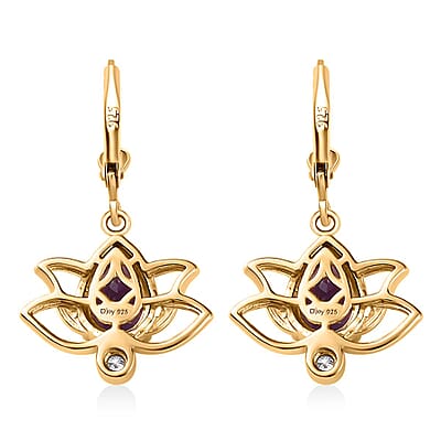 Moroccan Amethyst and Moissanite Lever Back Lotus Earrings in Vermeil Yellow Gold Over Sterling Silver 2.50 ctw