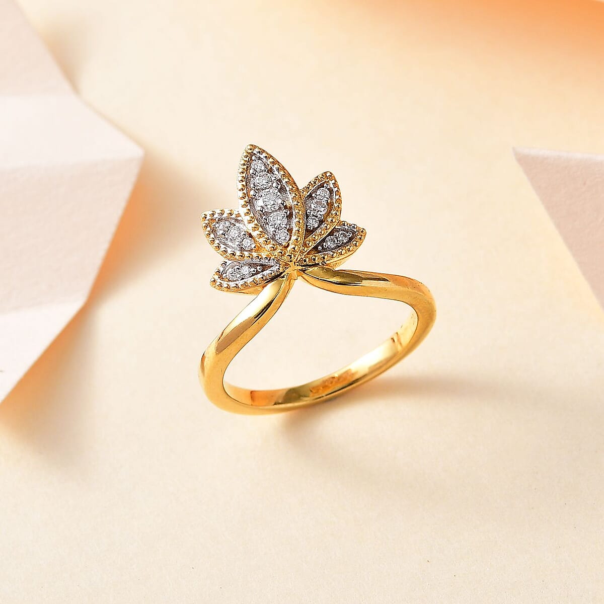 Moissanite Lotus Chevron Band Ring in Vermeil Yellow Gold Over Sterling Silver (Size 6.0) 0.20 ctw image number 1