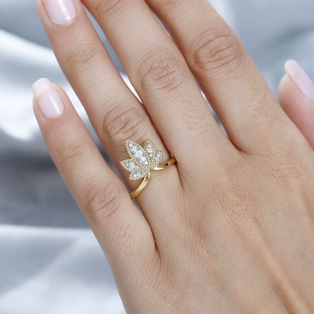 Moissanite Lotus Chevron Band Ring in Vermeil Yellow Gold Over Sterling Silver (Size 6.0) 0.20 ctw image number 2