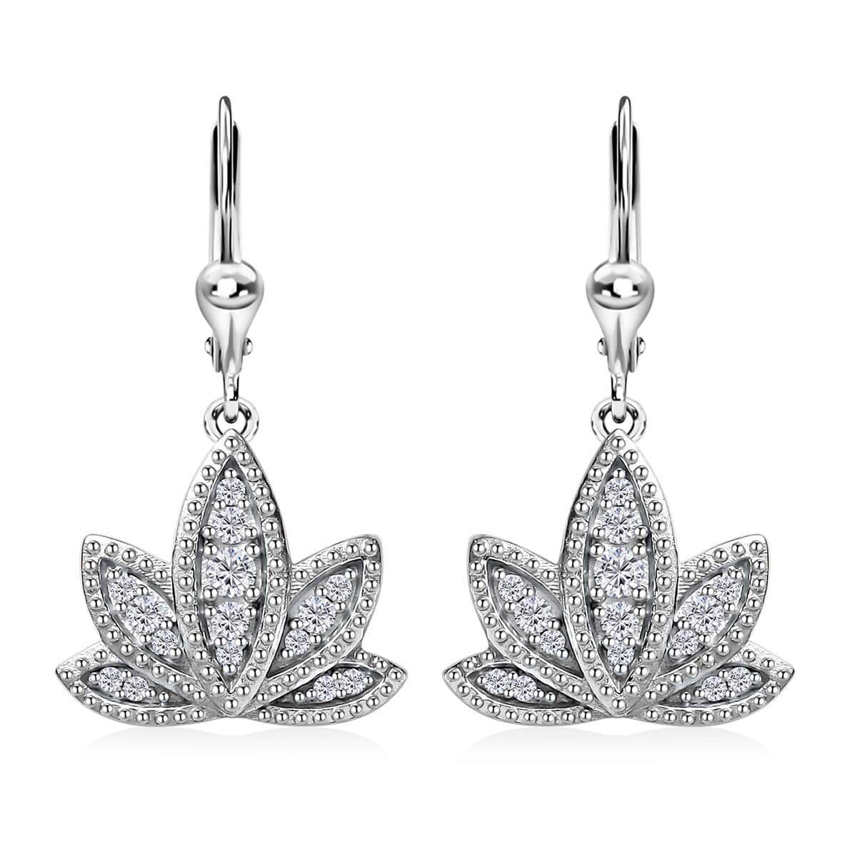 Moissanite Lotus Flower Lever Back Earrings in Platinum Over Sterling Silver 0.40 ctw image number 0
