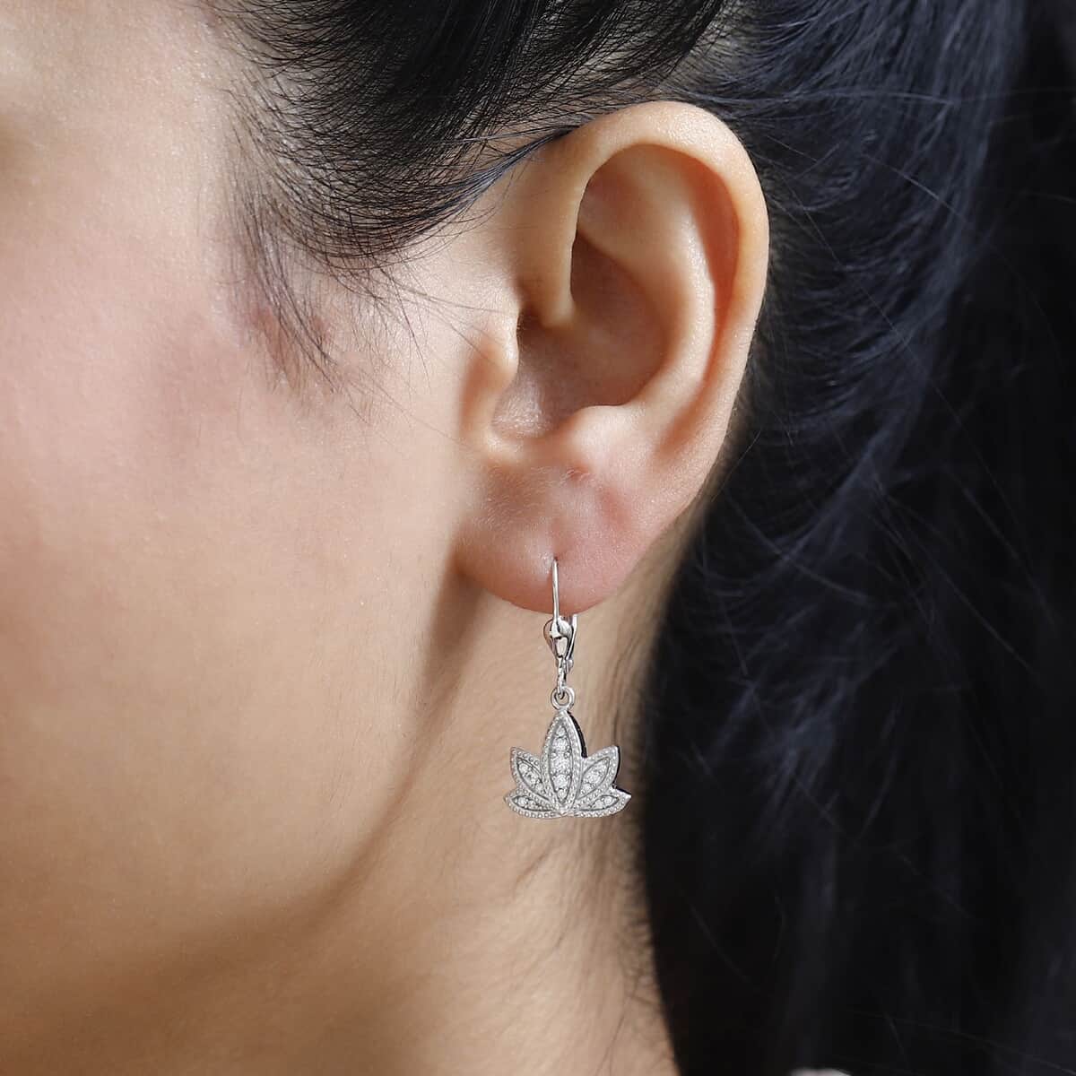 Moissanite Lotus Flower Lever Back Earrings in Platinum Over Sterling Silver 0.40 ctw image number 2