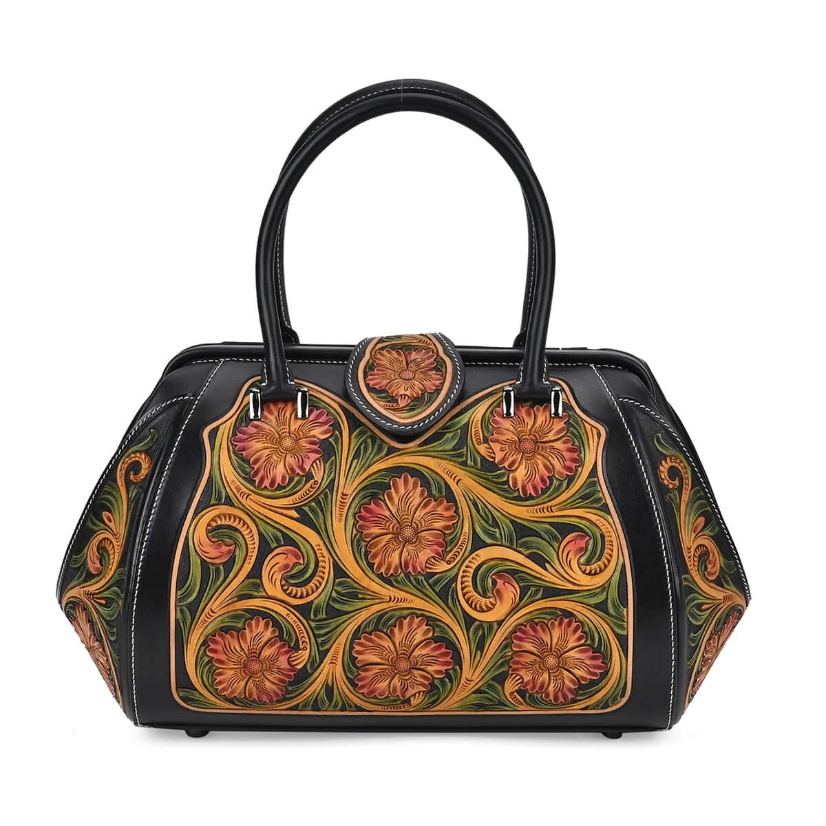 Grand Pelle Black with Multi Color Hand Engraving Flower Pattern Genuine Leather Crossbody Bag (14.2"x9"x7") with Handle Drop image number 0