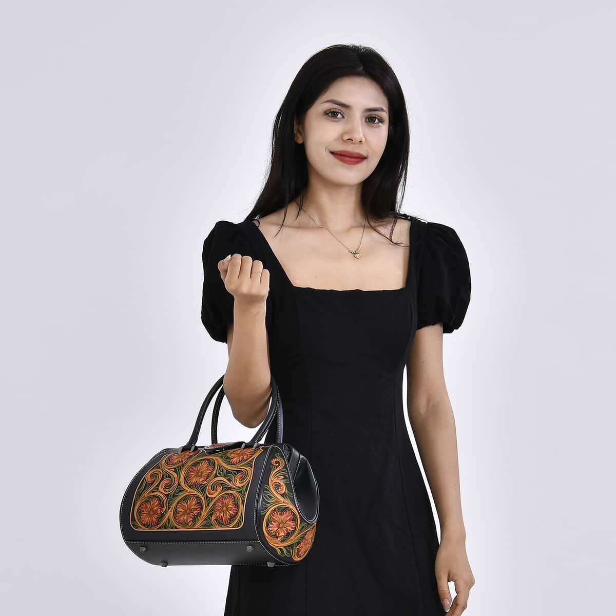 Grand Pelle Royal Collection Black with Multi Color Hand Engraving Flower Pattern Genuine Leather Tote Bag with Handle Drop image number 1