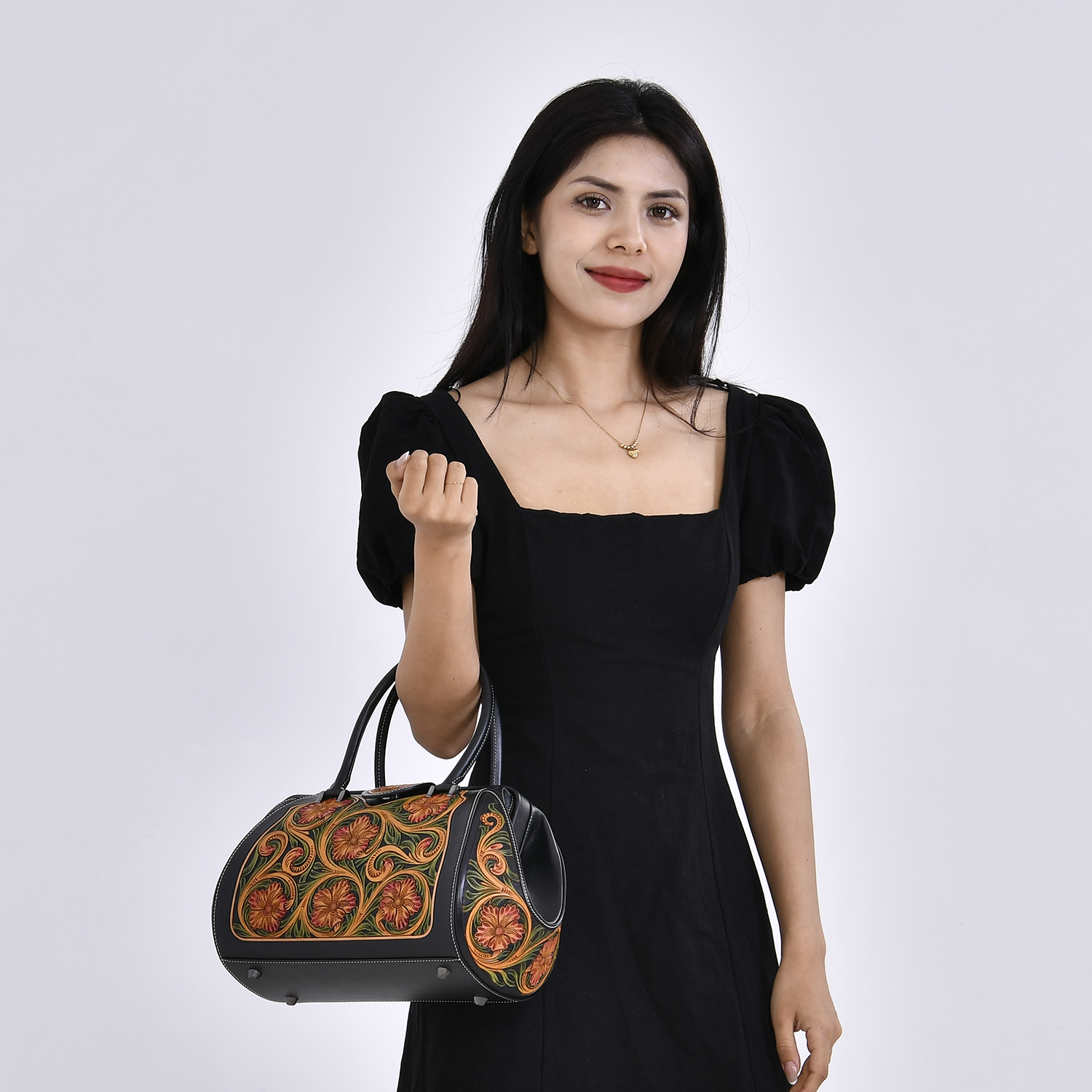Grand Pelle Royal Collection Black with Multi Color Hand Engraving Flower Pattern Genuine Leather Tote Bag with Handle Drop