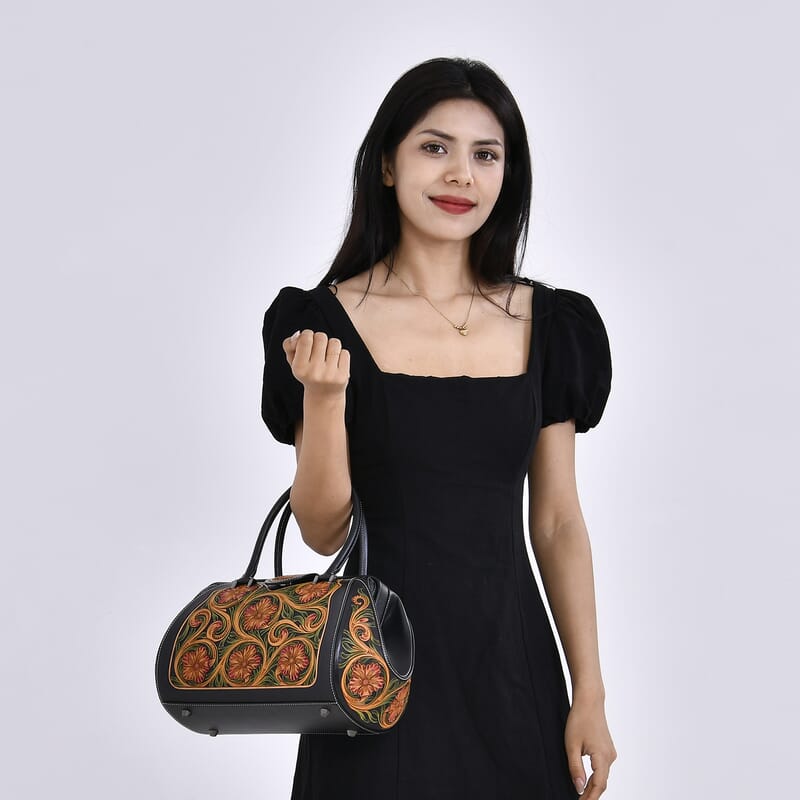 Grand Pelle Royal Collection Black with Multi Color Hand Engraving Flower Pattern Genuine Leather Tote Bag with Handle Drop